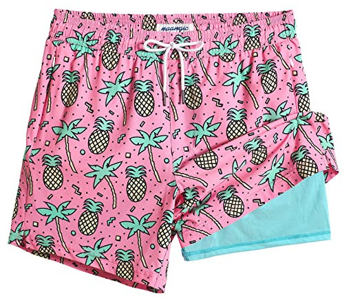MaaMgic Uomo Costume da Bagno con Pantaloncini da Bagno a Compressione 2 in 1 | 5,5” ad Asciugatura Rapida Pantaloncini Corti con Tasca Interna,Cocco Ananas Rosa 5.5,L