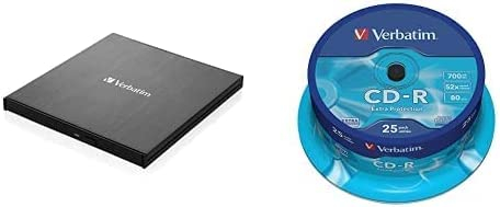 Verbatim External Slimline CD/DVD Writer, USB 3.2 Gen1 mit USB-C Anschluss inkl. USB-C auf USB-A-Kabel, Externer DVD-Brenner, inkl. 700 MB CD-R 25er Spindel