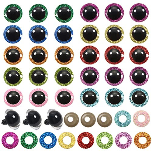 TOAOB 60 Stück 24mm Sicherheitsaugen Puppenaugen Tieraugen Kunststoff Bastel Augen Glitzer Bunt Augen mit Unterlegscheiben für Häkeltiere Marionette Puppenherstellung