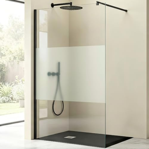 Mai & Mai Duschwand für Dusche Duschabtrennung 90x200cm Walk-In Dusche | Duschtrennwand Schwarz 10mm ESG-Sicherheitsglas NANO Milchglas BRAM1 Bremen02MS
