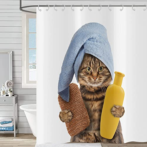 Hnmdmyi Duschvorhang Lustig Katze 180x180, Niedliches Braunes Kätzchen mit Badeschwamm Shampoo und Blauem Handtuch Badewanne Vorhang Kinder Cartoon Wasserdicht Polyester Stoff Waschbar Badevorhang