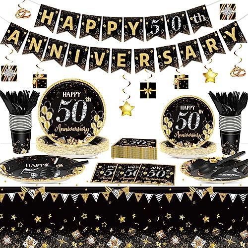 121pcs 50th Anniversary Party Decoration Employee Career Wedding Anniversary Disposable Party Plate Napkin Cup Tablecloth Swirl Banner Tableware Black Gold Fiftieth Anniversary Party Supplies Serve 16