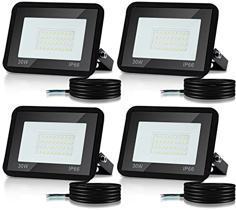 Lospitch Projecteur LED, 4PCS 30W Blanc Froid Spot LED Extérieur IP66 Étanche, Projecteur LED extérieur puissant 2550LM 6000K d'éclairage de sécurité, pour Entrée Patio (Sans prise)