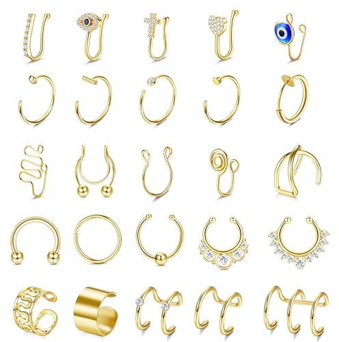 JeweBella - 25 Stück Fake Nasenpiercing Ring Set: Edelstahl Silicon Edelstahl Ring, Silber/Gold/Schwarz/Roségold Für Damen und Herren