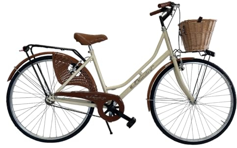 MADICKS Holland-Damen-Fahrrad, Größe 26 Zoll, Vintage, Retro, Beige, mit Korb (Korbgeflecht)