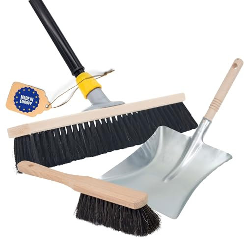 Novaliv Kehrset Rosshaarmischung I Kehrschaufel Metall Handbesen I Hofbesen 40 cm Teleskopstiel weiche Borsten Handkehrset Kehrblech Kehrgarnitur