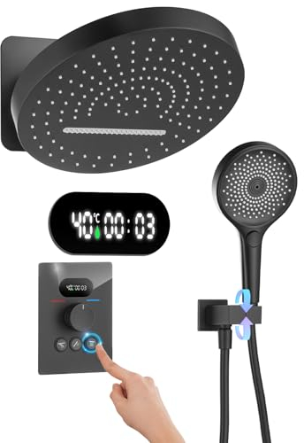 Columna Ducha Termostática Negro Sistema de Ducha Empotrado Conjunto de Ducha con Pantalla Digital, 32CM Alcachofa de Ducha Cascada y lluvia Redondo, 3 Funciones de Fucha de Mano, Latón