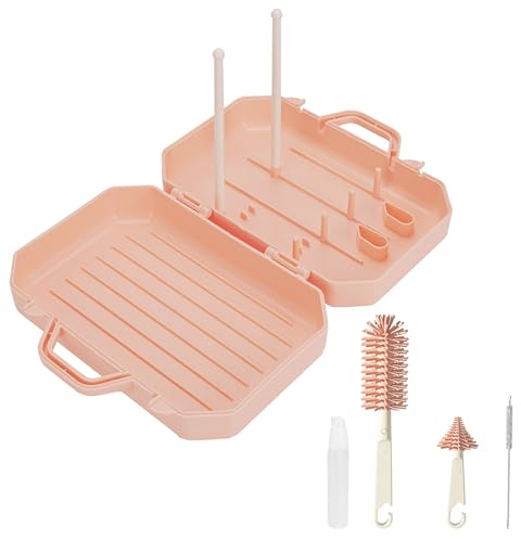 Adorila Travel Bottle Brush Set with Stand, Portable Bottle Cleaner Kit with Silicone Bottle Brush, Drying Rack, Nipple Brush, Straw Brush, Soap Dispenser (Pink)