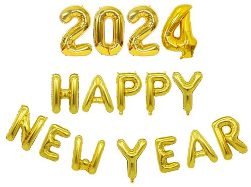 Fairnull 16 Stück Silvester Deko 2024 Dekoration, Ballon 2024 Neujahr Silvesterdeko Schwarz, Ballon Folienballon Zahl 2024, Happy New Year Banner für Jahreswechsel Neujahr Silvester Party Dekoratio