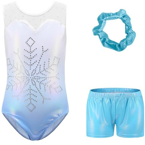 Sinoeem Gymnastikanzug Kinder Mädchen mit Haarband und Tanz Shorts, Langarm/Ärmellos Turnanzug Ballettröckchen Kleid Trikotanzug Tanz Kleid Gymnastik Dancewear (Blau-Ärmellos, 7-8 Jahr)