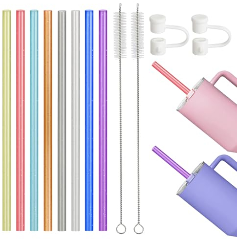 8 Stück Strohhalme für Stanley Cups, Strohhalme Wiederverwendbar, Plastik Strohhalme, 30cm Farbige Strohhalme mit 2 Reinigungsbürsten für Tee, Saft, Kaffee, Adventure Reisebecher