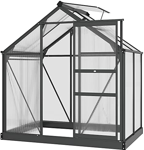Outsunny Serre de Jardin Polycarbonate 2,51 m² Serre en Aluminium pour Le Jardin 190 x 132 x 201 cm résistant aux UV, avec Fondation renforcé, gouttière, Lucarne et Porte Coulissant, Gris