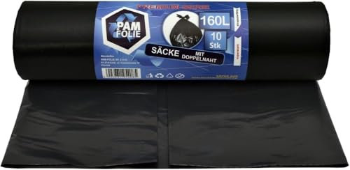 PAM-FOLIE Sacs poubelle 160L - 10 pièces - Sacs poubelle épais, grands, Premium - 90x110cm - 40µm - Sac poubelle noir - Sacs pour déchets de chantier - Sacs pour déchets de chantier