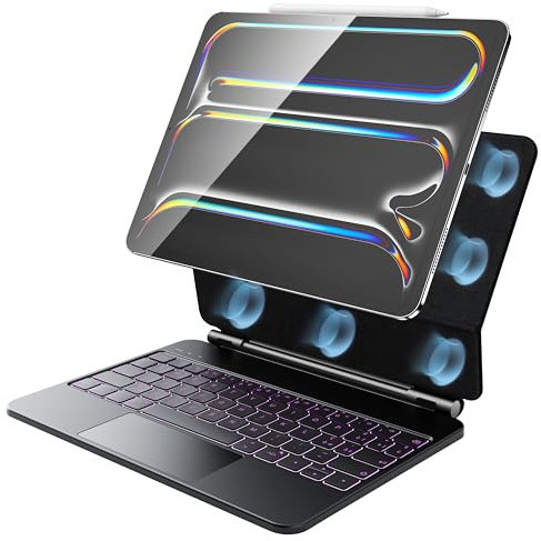 HOU Tastiera iPad Pro 11 (M4) Custodia Per Tastiera iPad Pro 11 Pollici 2024 (Solo), con Trackpad Multi-Touch, Retroilluminazione a 7 Colori, Supporto Magnetico Facile da Impostare - Nero