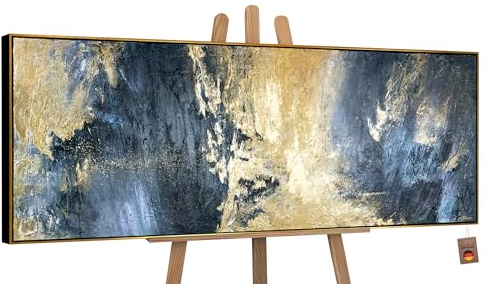 YS-Art Abstrakt Acryl Gemälde auf Leinwand mit Rahmen Spiegelungen handgemalt Wandbilder Wohnzimmer modern Wohndekor Bilder Büro echte Kunst 120x40 cm