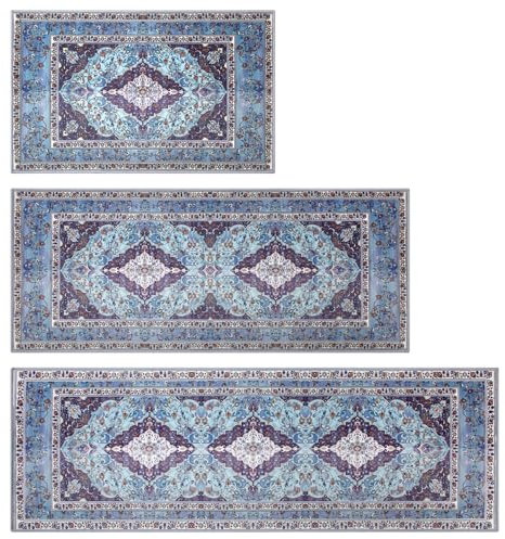 MELAJIA Kitchen Rugs Sets of 3 Washable Non Slip Blue Kitchen Mats 3 Piece Set Dark Blue Boho Kitchen Runner Rugs Carpets for Hallway Front Door(50x80cm+50x120cm+50x150cm
