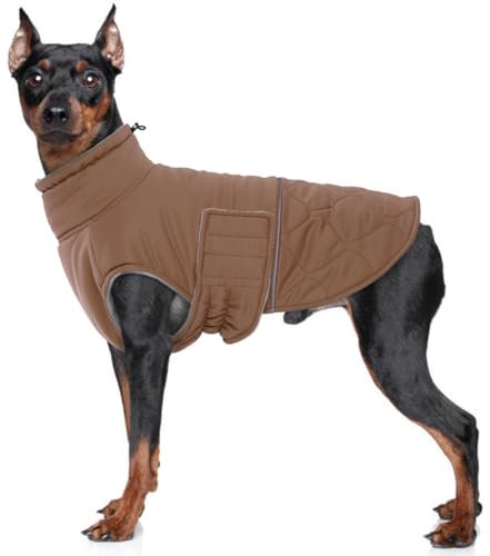 MHaustlie Hundewintermantel Mit Fleece-Innenseite für Mittelgroße Hunde - Sportmantel Mit Reflektierender Winterbekleidung und Klettverschluss (Braun, M)