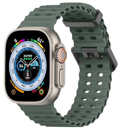 Lobnhot Bracelet Ocean Compatible avec Apple Watch Ultra 2 / Ultra 49mm 45mm 44mm 42mm Homme Femme, Bracelet Sport en Silicone Remplaçable iWatch Ultra 2 Series 9 8 7 6 5 4 3 2 1 SE, Vert foncé