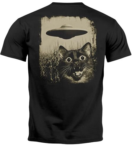 Neverless® Herren T-Shirt Backprint UFO Katze Alien Print Rücken-Aufdruck Printshirt Männer Fashion Streetstyle Schwarz M