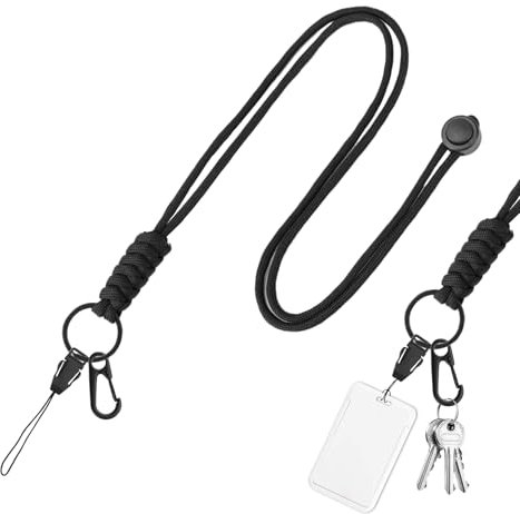 20.5-Inch Paracord Lanyard Necklace with Metal Clasp, lasting Heavy Duty Keychain Cord Clip Wrist Strap for Keys ID Badge Holder Whistle and Outdoor Accessories Adjustable Strap and Hook (Black)