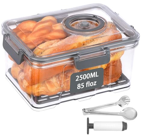 CEYAZYE Bread Box for Kitchen Storage Boxes, Vacuum Homemade Counter Airtight Container, Seal Countertop Bread Holder, Time Recording Bread Keeper for Toast Bagel Donut Roll Bun(Tongs & Pump)