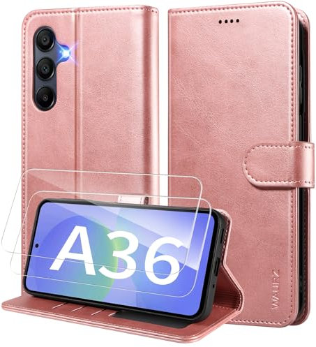 WAURZ Coque pour Samsung Galaxy A36 5G Etui Coque avec 2 Verre Trempé Porte Carte Clapet à Rabat Portefeuille Cuir Case Housse Protection Flip Cover Étui Coque pour Samsung Galaxy A36 5G,Or Rose