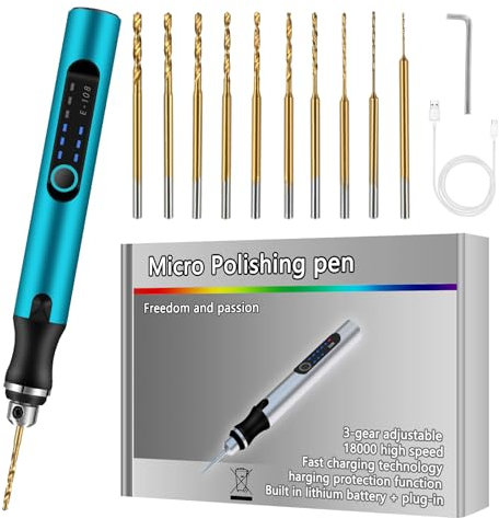 Mini Trapano Elettrico, Penna Trapano Elettrico, Mini Trapano Elettrico a 3 Velocità, Con 10 Trapano Elicoidale (0.6-2.2 Mm), USB Ricaricabile, Incisione Penna Per Resina, Plastica, Legno, Blu