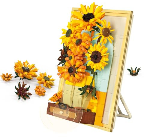 Brihappen Sunflower Art Building Set with Light, Van Gogh Painting Wall Room Decor, Flowers Plant Building Blocks Set, Botanical Collection Model Gift for Women Adult（1166 Pcs）