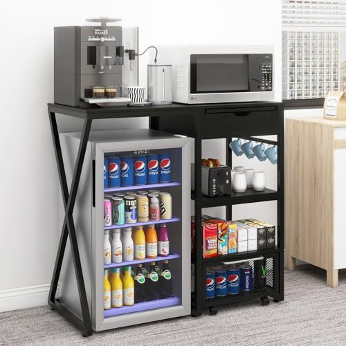 PUNCIA Coffee Bar Cabinet with Mini Fridge Space for Dorm Kitchen Black | Mini Fridge Stand with Drawer Storage, Refrigerator Stand with Removable Rolling Basket, Open Shelves, Pull-Out Tray, Durable