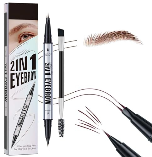 Microblading Eyebrow Pen - Magic Eyebrow Pencil 2 in 1-2 Fork Eyebrow Pen Upgraded 3D Waterproof Eyebrow Pencil - Dual-Ended Natural Eyebrow Makeup with Precise Brush (Brown)