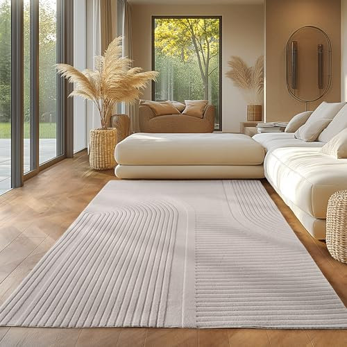 SIMPEX Einfarbiger Skandinavischer Boho Teppich Creme 200x290 cm, Deko 3D-Effekt, Waschbarer Großer Teppich für Wohnzimmer & Schlafzimmer