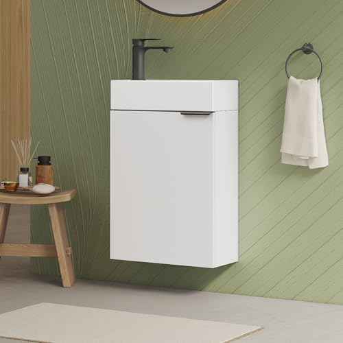 EMKE Waschbecken mit Unterschrank, 41,5 x 64,5 cm, Sonoma Eiche | Badmöbel-Set, Keramikwaschbecken, Eiche, platzsparend, Waschtisch mit Unterschrank für Gäste-WC & kleines Bad