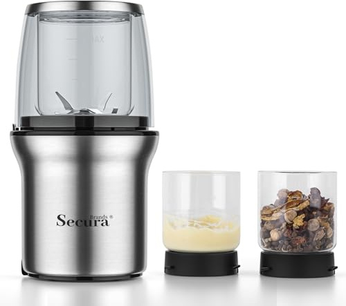 Secura Brands - Electric Spice Coffee Grinder with Two Glass Bowls, Dry and Wet Grinder