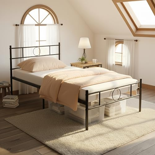 ZECIIYE Teen Bett 90x190 cm,Einzelbett Bettrahmen Metallbett 32 cm hoch,Modern Jugendbett mit Stauraum unter dem Bett,Gästebett mit Kopfteil für kleine Räume,Schwarz