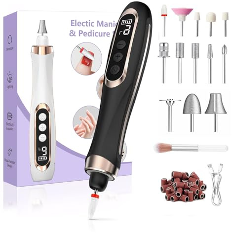 XunmotorYao Fresa per Unghie Professionale 20000 RPM 9 Velocità Elettrica Lima Unghie Display LCD Kit Manicure e Pedicure 15 in 1 Portatile Ricaricabile Nero