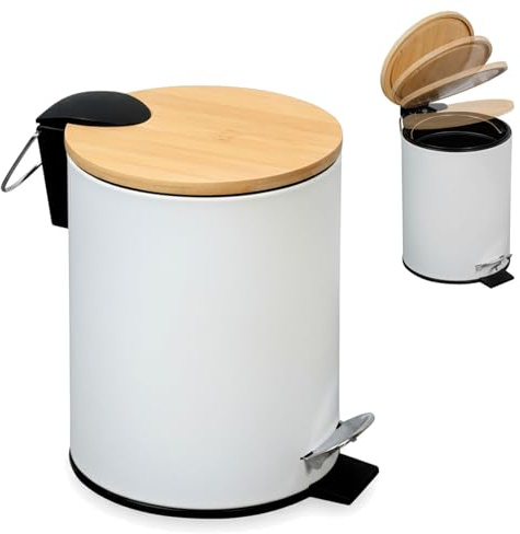LS-LebenStil Tretmülleimer Papierkorb 3L Weiß Matt | Rund mit Softclose | FSC Holz Deckel | Fußpedal Treteimer Mülleimer Kosmetikeimer Bad Badezimmer Küche Badmülleimer Abfalleimer
