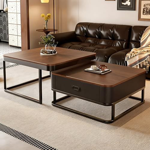 2er-Set Kaffeetische, Moderner Ausziehbarer Kaffeetisch, Nussbaum-Kaffeetisch mit Stauraum, Metallgestell, für Wohnzimmer, Schlafzimmer, Nussbaum