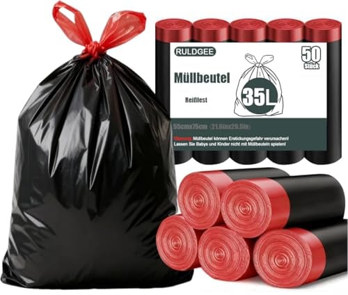 RULDGEE Schwarz Müllbeutel 35l mit Zugband 50 Stück Reißfest Müllsäcke Blickdicht Mülltüten Abfallsäcke