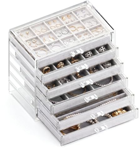 GlowSai Acryl Schmuckaufbewahrung Schmuck Organizer Schmuckkasten mit 6 Schubladen für Ohrringe, Ringe, Armbänder (Grau)