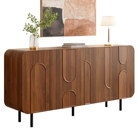 Sideboard Kommode mit 4 Türen und Verstellbare Einlegeböden, Buffetschrank Beistellschrank Aufbewahrungsschrank Küchenschrank mit Abgerundete Ecken und Geometrische Prägung, 160×40×79cm, Nussbaum