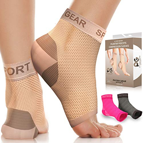 Physix Gear Kompressionssocken für Plantarfasziitis, ersetzt Plantarfasziitis, Strapping, kombiniert mit flachen Fußsohle, orthopädischen Schuhen (1 Paar Beige S/M)