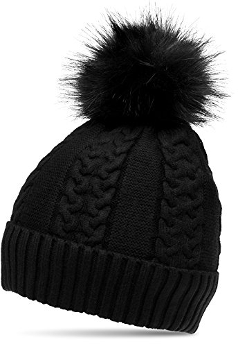 Caspar MU160 Damen gefütterte Mütze Strickmütze mit Kunstfell Bommel, Farbe:schwarz, Größe:One Size