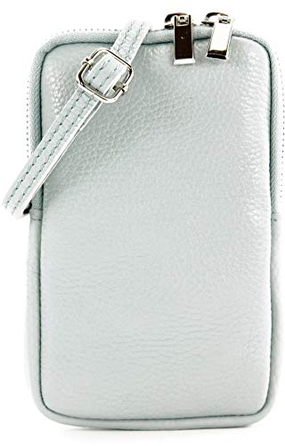 modamoda de T197 Damen Leder Handytasche 6,7 Zoll Umhängetasche handmade in Italy, Farbe:Eisblau