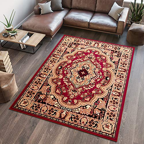 TAPISO Atlas Teppich Kurzflor Rot Beige Ornament Medaillon 200 x 300 cm | Wohnzimmer Klassisch Schlafzimmer Traditioneller Teppich für Wohnzimmer Esszimmer OEKO-TEX