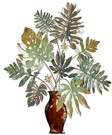 Touch of Class Tropische Palmen in Vase Metall Wandkunst Grün - Handgefertigte dekorative Skulptur - Palmenblatt Dekor - Metallische Blätter Skulpturen für Wohnzimmer, Schlafzimmer - 94 cm hoch