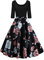 AXOE Femme Robe Rockabilly Pin up Années 50 Vintage Chic Noir avec Fleurie F06B, Taille 38, S