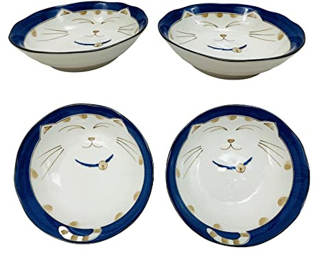 JapanBargain, Set of 4 Japanese Porcelain Shallow Soup BowlS for Dinner Lunch Rice Poke Donburi Noodle Pasta Cereal, Maneki Neko Lucky Cat Pattern for Cat Lovers, Made in Japan, 6.75-inch, Blue
