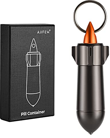 Aufew Tactical Pill Holder, Durable Metal Mini Pill Box with Keyring, Waterproof EDC Vitamin Case for Travel, Outdoor, Daily Use (Rocket Shaped, Matte Grey)