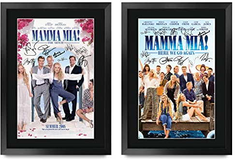 HWC Trading FR A3 Mamma Mia! Collection x 2 Filmposter Meryl Streep, Pierce Brosnan Geschenke, gedrucktes Poster, signiertes Autogrammbild für Film-Fans, A3, gerahmt