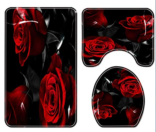 FGHJSF Badezimmermatten und Teppiche Schwarze Rose Malerei 3-teiliges Badteppich-Set Toilettensitzbezug und -vorleger, Badezimmer-Garnitur, U-förmiger Teppich, Matte